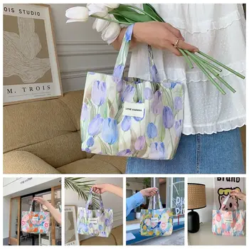 Aliejaus Tapybai Gėlių Canvas Tote Bag In Style Tulpių Tulpių Rankinėje Handholder Japonų Stiliaus Daugkartinio Naudojimo Pirkinių Krepšys Apsipirkimui
