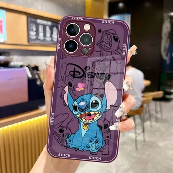 Animacinių filmų Lilo & Stitch Telefono dėklas Violetinė Žalia Stiklo IPhone 15 13 14 12 11 Pro Max Plius Mini X XR 8 7 6s SE2020 Dangtis