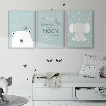 Animacinių filmų polar bear paukščių dramblys aš tave myliu iki mėnulio ir atgal vaikai sienos meno plakatas vaiko kambarys drobė spausdinti darželį, wa