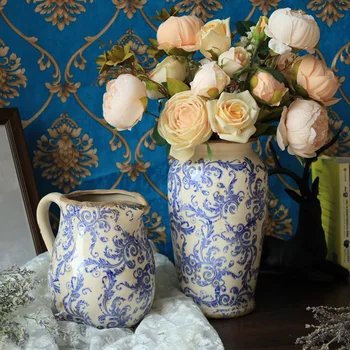 Mėlynos ir baltos spalvos porceliano retro senosios keramikos ledo plyšių vaza žaliųjų augalų, gėlių puodą kabineto namų gėlių kompozicijų vazos, papuošalai