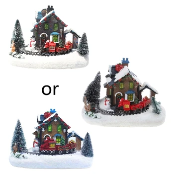 Q1QC Šviesos Kraštovaizdžio Sniego Statulėlės Dervos Dekoro Kalėdų Mažų Traukinį Kaimo Namas